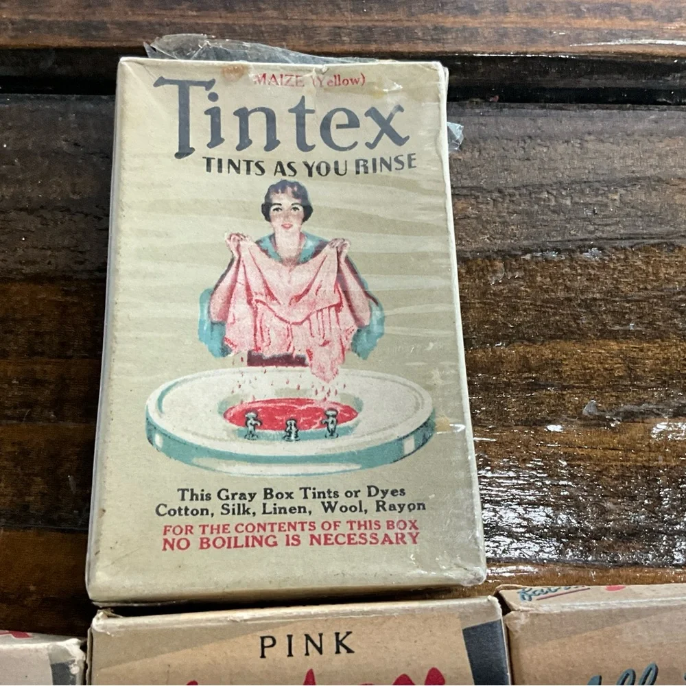 Vintage Lot of 4 Tintex Tints & Dyes Pink Maize Yellow Fuchsia MCM IOB Crafts
